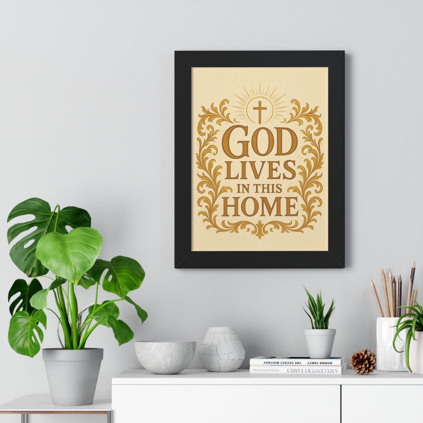 God Lives in This Home Framed Vertical Poster, Faith Decor, Christian Wall Art, Inspirational Gift, Home Blessing, Religious Decor