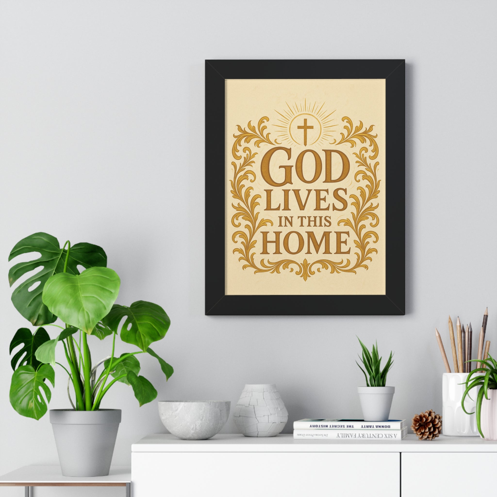 God Lives in This Home Framed Vertical Poster, Faith Decor, Christian Wall Art, Inspirational Gift, Home Blessing, Religious Decor