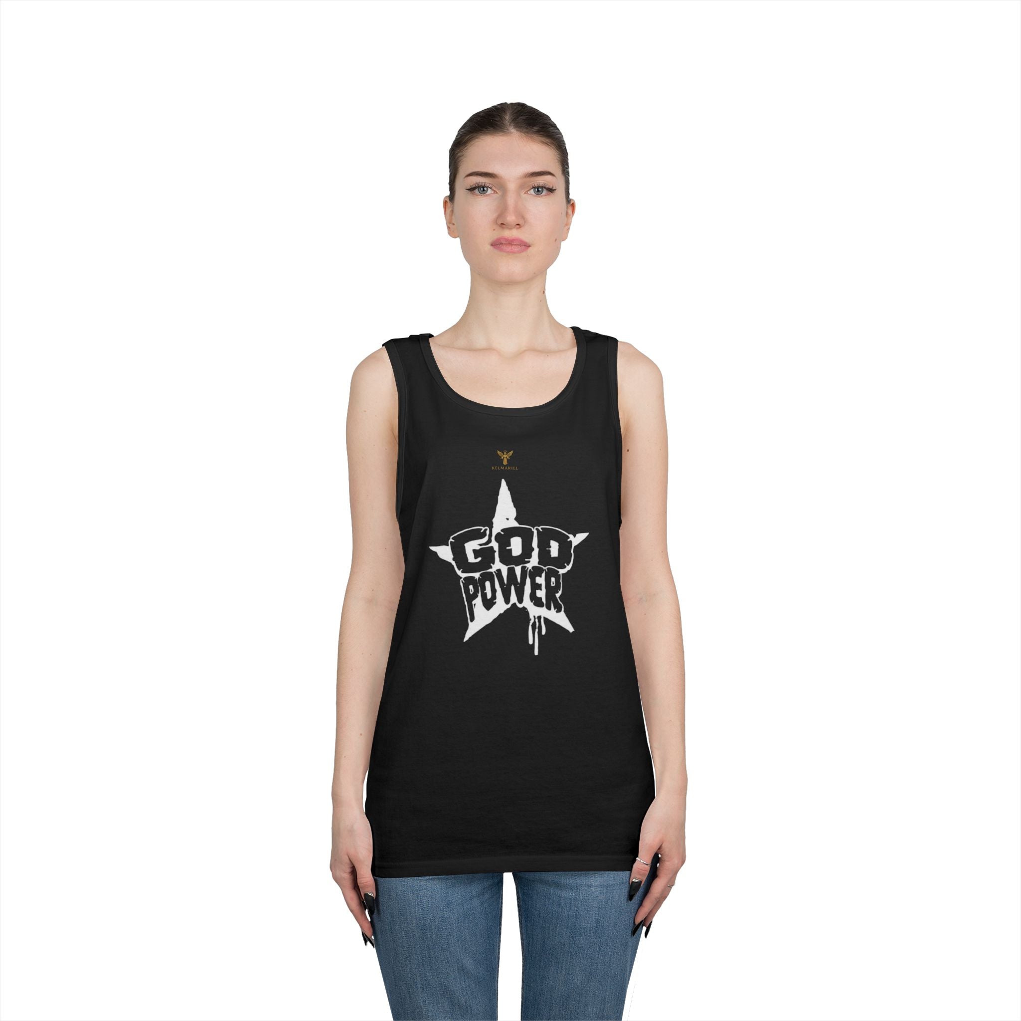 Unisex Heavy Cotton Tank Top - 'God Power' Graphic, Perfect for Summer, Gym Wear, Festival Fashion, Gifts for Music Lovers, Streetwear Style