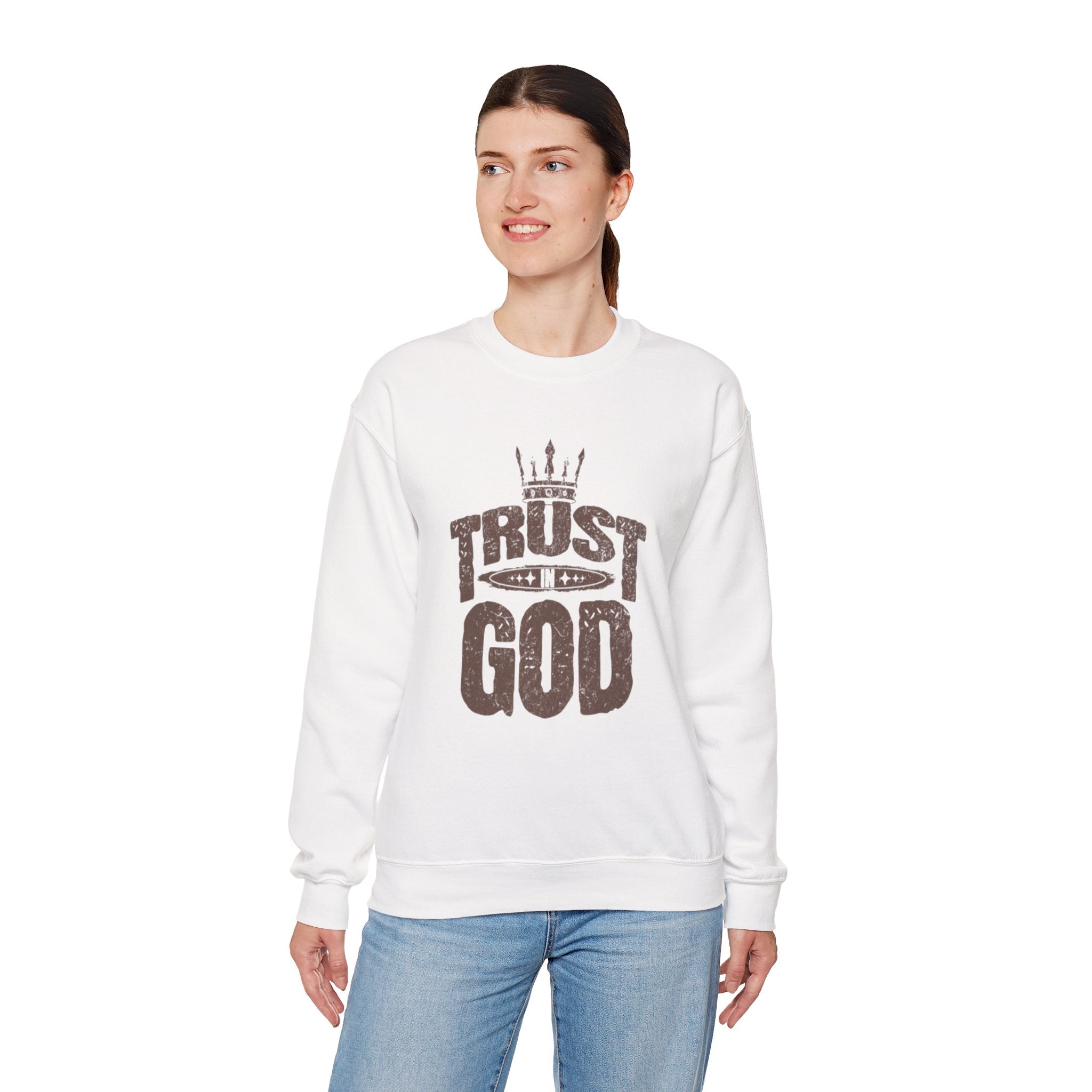 Trust God Crewneck Sweatshirt, Inspirational Sweatshirt, Unisex Gift, Casual Wear, Faith-Based Apparel, Cozy Layer