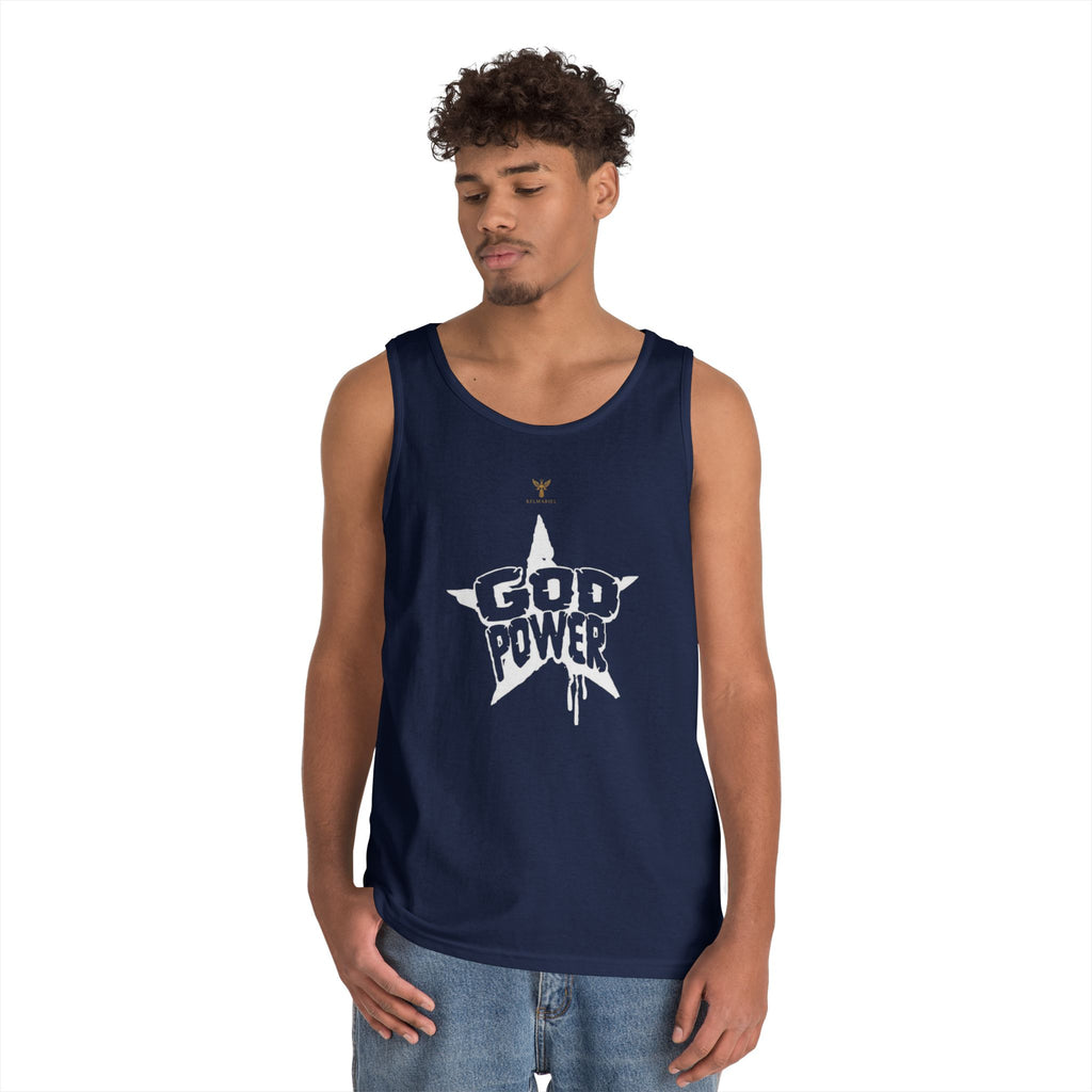 Unisex Heavy Cotton Tank Top - 'God Power' Graphic, Perfect for Summer, Gym Wear, Festival Fashion, Gifts for Music Lovers, Streetwear Style