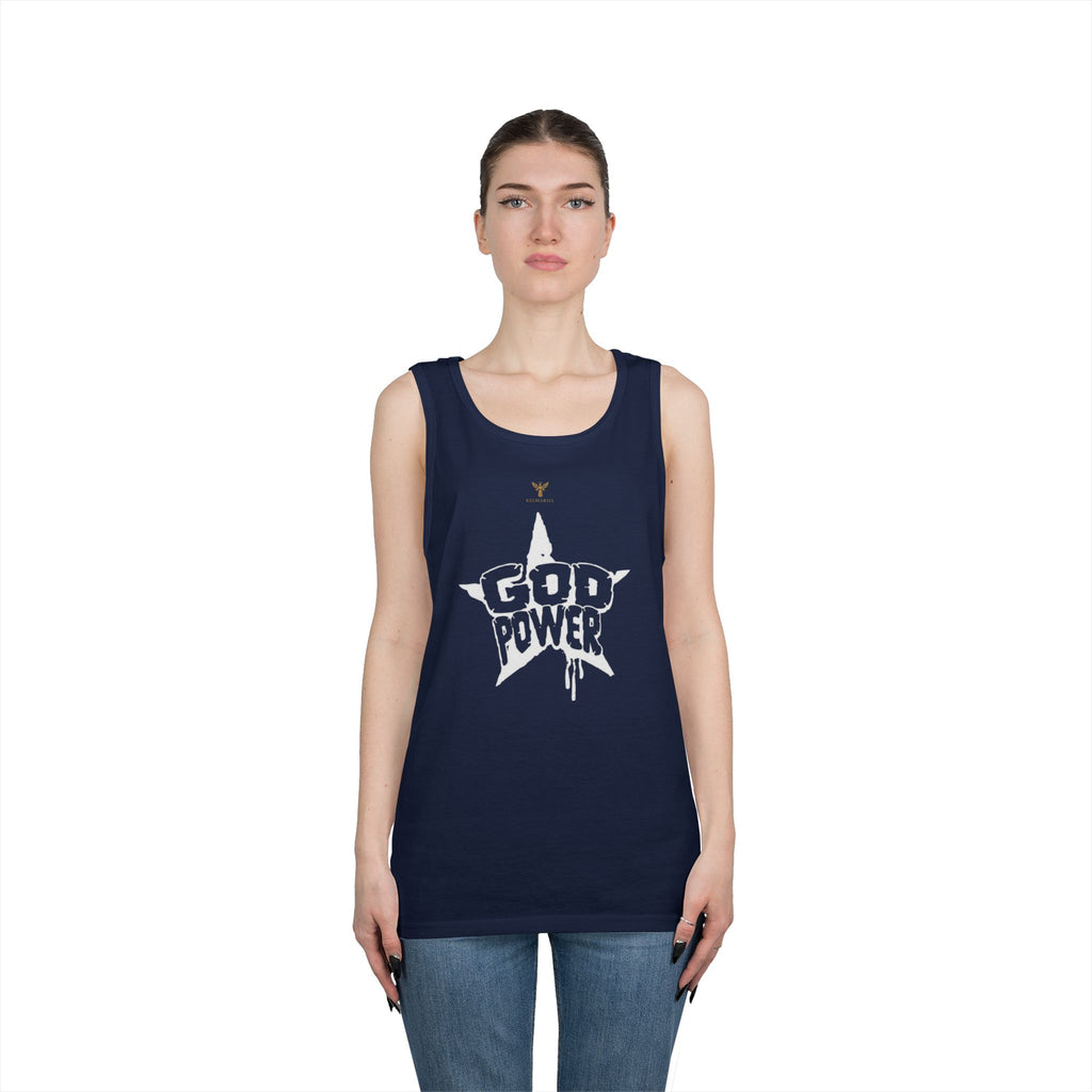 Unisex Heavy Cotton Tank Top - 'God Power' Graphic, Perfect for Summer, Gym Wear, Festival Fashion, Gifts for Music Lovers, Streetwear Style