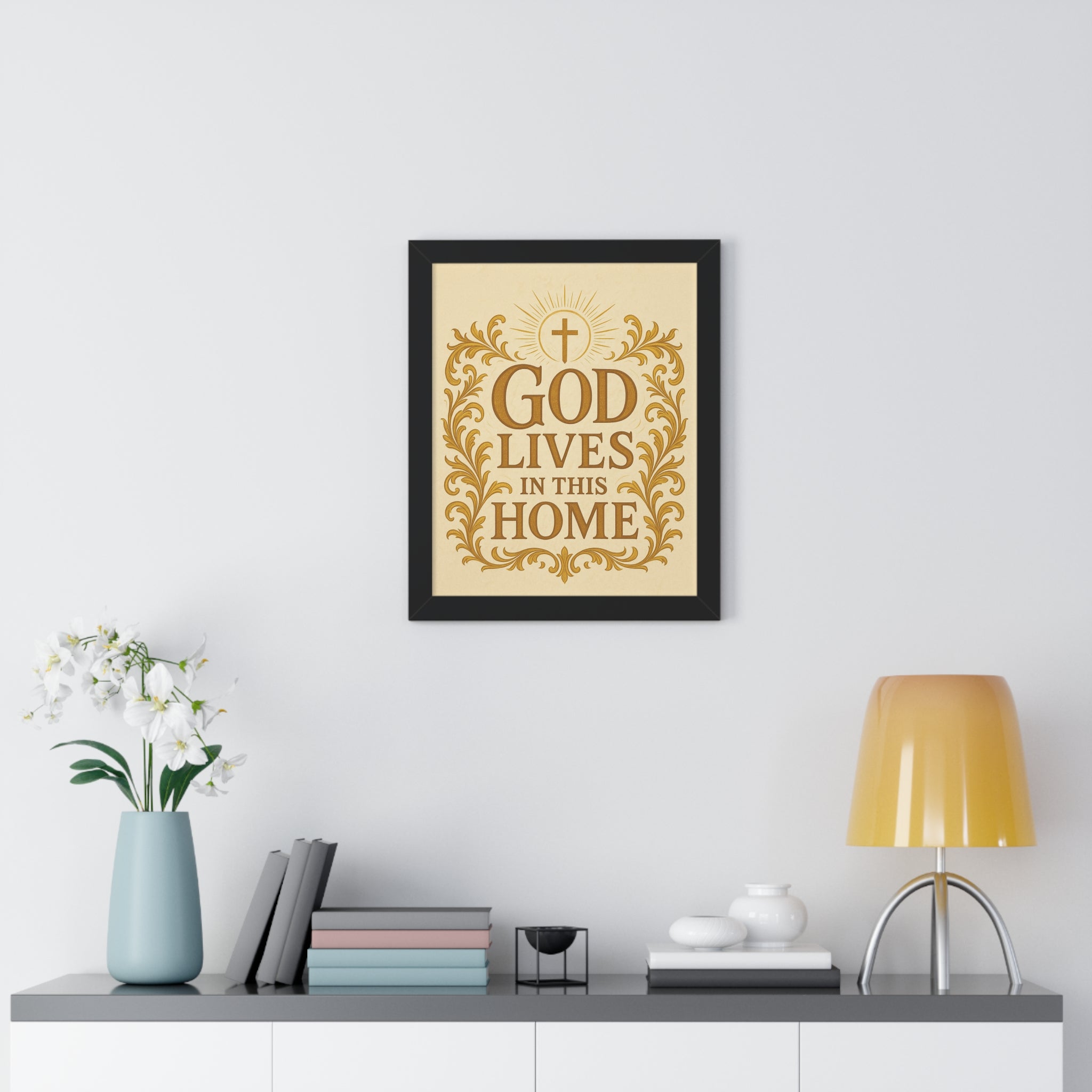 God Lives in This Home Framed Vertical Poster, Faith Decor, Christian Wall Art, Inspirational Gift, Home Blessing, Religious Decor