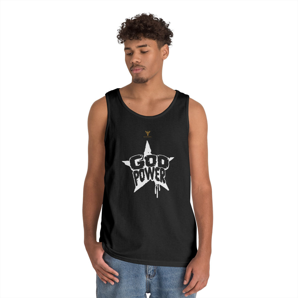 Unisex Heavy Cotton Tank Top - 'God Power' Graphic, Perfect for Summer, Gym Wear, Festival Fashion, Gifts for Music Lovers, Streetwear Style