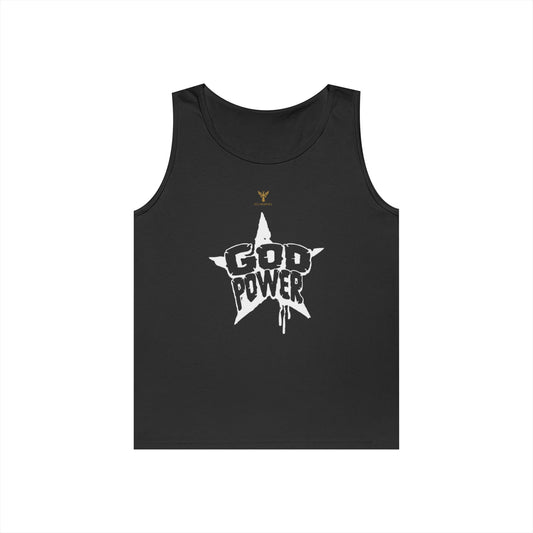 Unisex Heavy Cotton Tank Top - 'God Power' Graphic, Perfect for Summer, Gym Wear, Festival Fashion, Gifts for Music Lovers, Streetwear Style