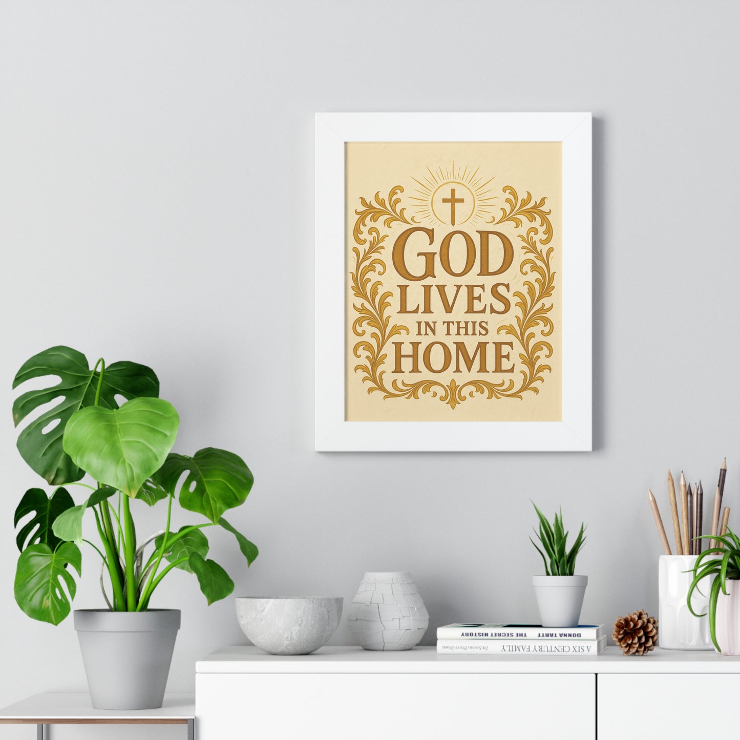 God Lives in This Home Framed Vertical Poster, Faith Decor, Christian Wall Art, Inspirational Gift, Home Blessing, Religious Decor