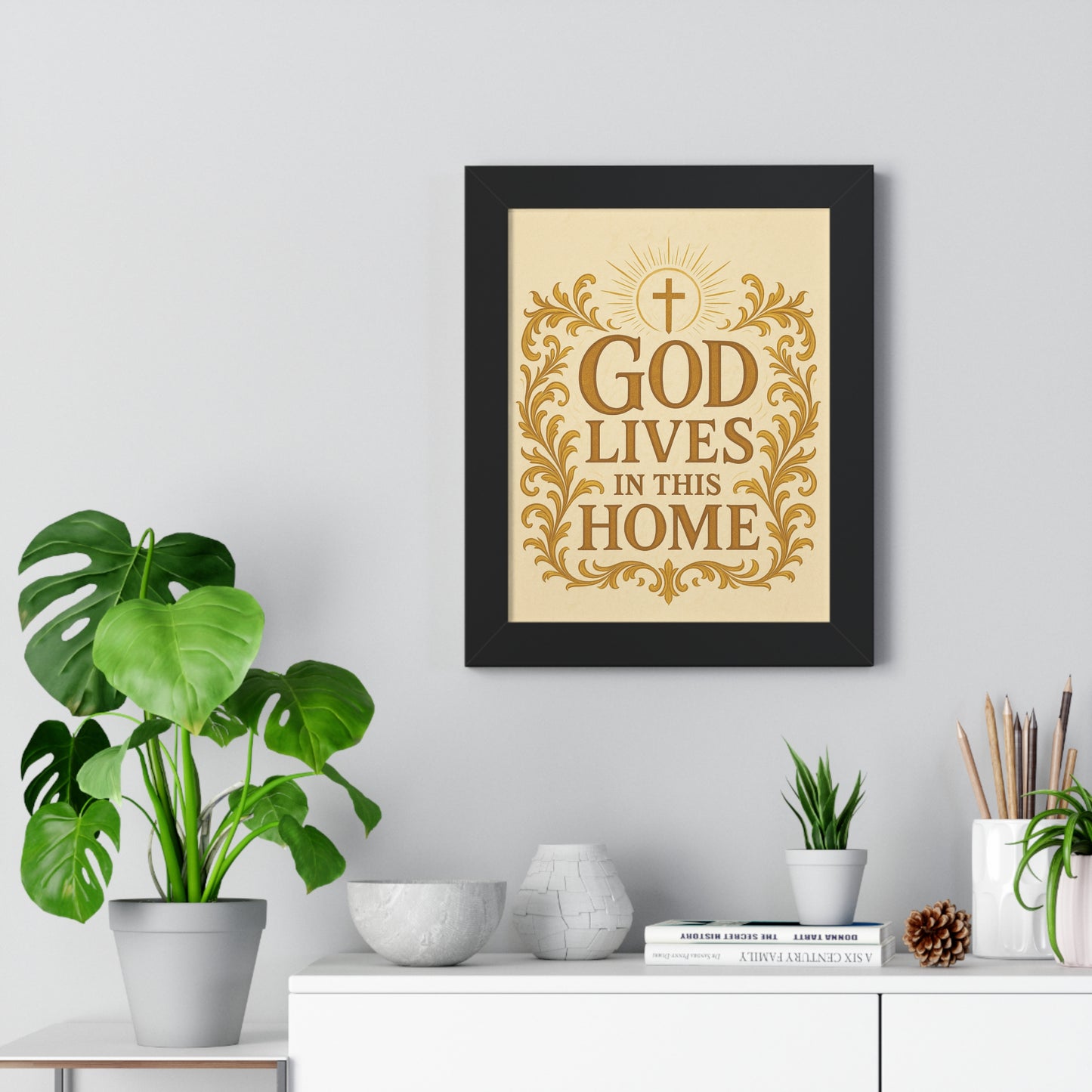 God Lives in This Home Framed Vertical Poster, Faith Decor, Christian Wall Art, Inspirational Gift, Home Blessing, Religious Decor